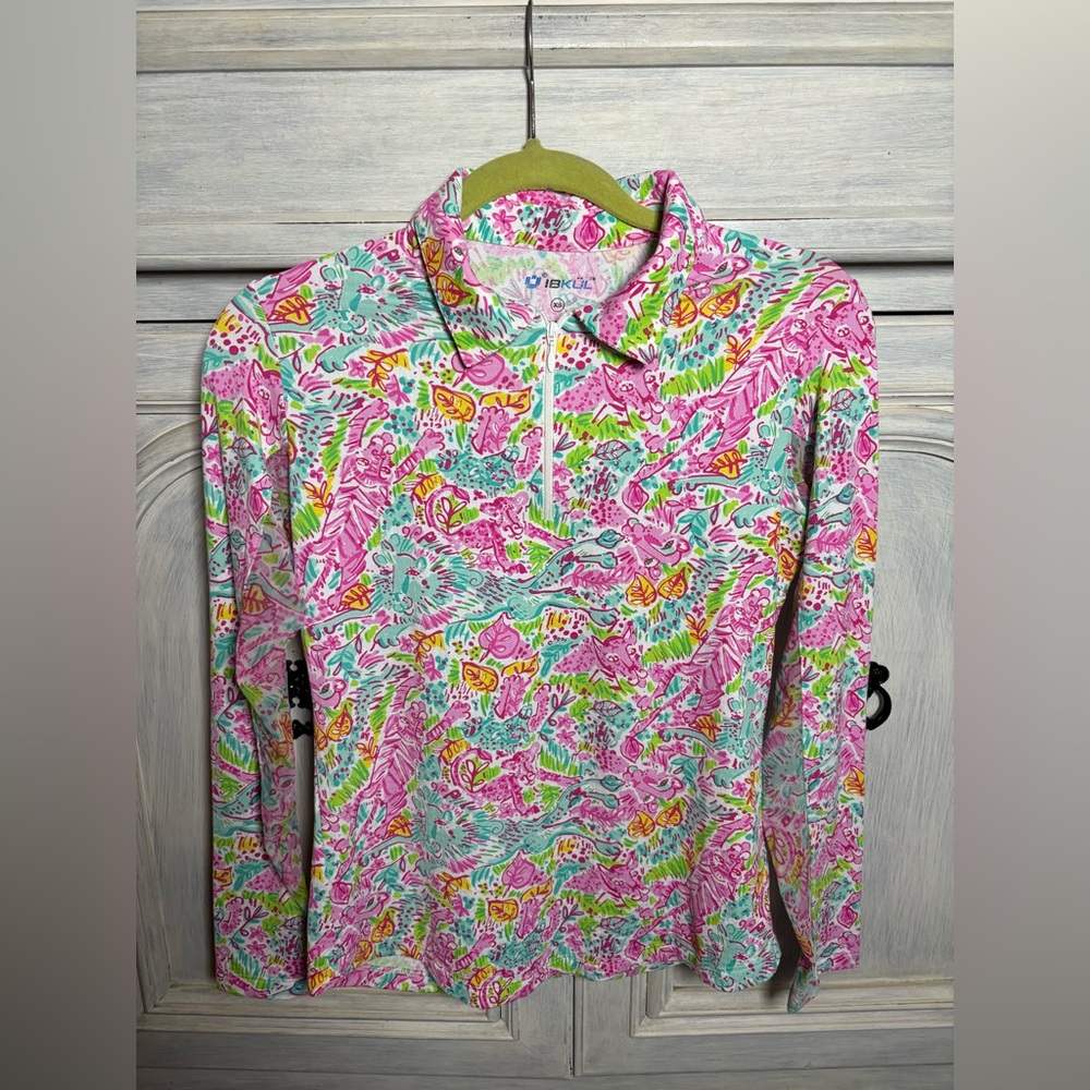 Ibkul Long Sleeve Zip Mockneck Tropical Jungle Print Vibrant Country Club Resort